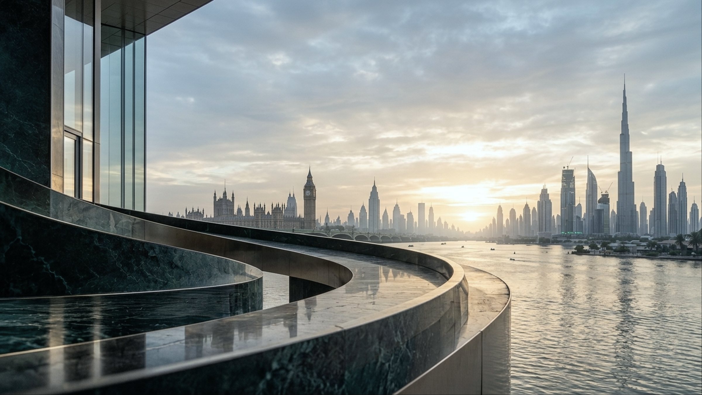London and Dubai skylines at sunset